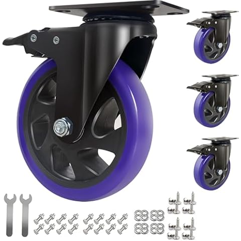 6 Inch Caster Wheels 3000lbs,Heavy Duty Casters Set of 4 with Brake, No Noise Polyurethane Swivel Caster Wheels for Cart,Furniture,Workbench(Free Screws & Spanners) Cover