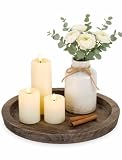 Hanobe Round Wooden Candle Holder Trays for Coffee Table, Distressed Finish | 11' Rustic Decorative Candlestick Plates for Kitchen Centerpiece, Farmhouse Living Room Fall Decor