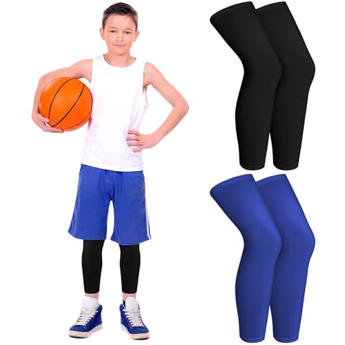 Geyoga 2 Pairs Kids Long Compression Leg Sleeves Long Knee Sleeves UV Protection for Boy Girl Youth Basketball Running Sport(Medium Black Blue)