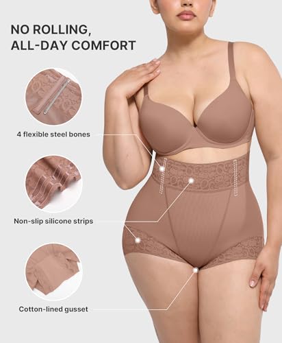 Image of SHAPELLX Mid Waist Tummy Control Shapewear Briefs Lace Body Shaper Panties | Easy to put on, wear as regular underwear, stay-put lace waistband & hems, skin-friendly fabric, invisible under clothing