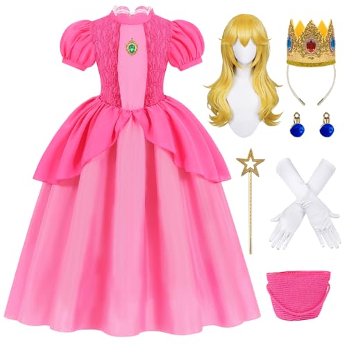 ZIW Pink Princess Costume for Girls Fairytale Dress Up Set with Crown Wig Wand Gloves Earrings Royal Ball Gown Cosplay Outfit Halloween Dress Up ZW277M