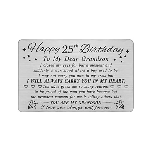 Degasken Tarjeta de felicitación de cumpleaños 25 para nieto, nieto y 25 cumpleaños, tarjeta de cartera grabada de acero especial