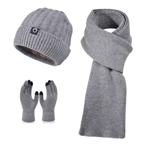 Winter Beanie Hat Scarf Gloves, Warm Fleece Knit Winter Hats Touchscreen Gloves Neck Scarf Set Winter Gifts (Grey, One Size)