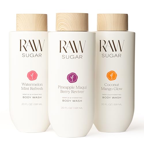 RAW SUGAR Body Wash Bundle: Watermelon Mint Refresh, Pineapple Maqui Berry Reviver & Coconut Mango Glow, 20 Fl Oz Each (Pack of 3), Vegan image 2
