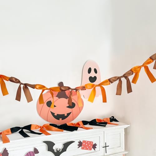 Image of Fall Bow Knot Garland | 6ft Linking Satin Bow Banner with 3ft Extend Ribbon for Thanksgiving Party, Autumn Banners Signs, Brown Bed Decor (Orange & Brown, 6ft)