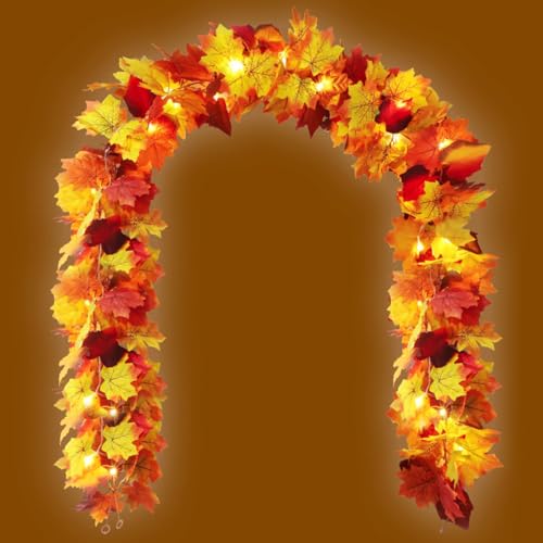 Paquete de 2 guirnaldas de otoño con 60 luces LED – 68.9 pulgadas/175 cm, decoración de hojas de arce otoñales para Acción de Gracias, Halloween, decoración de otoño para chimenea, puerta, mesa
