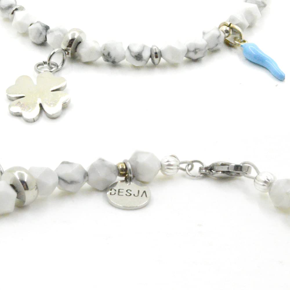 Cavigliera con pietra dura naturale Howalite magnesite con corni argento 925 e ciondoli portafortuna quadrifoglio