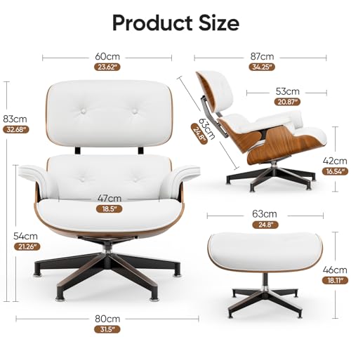 Image of Top White PU Leather, Mid Century Chaise Lounge Chair and Ottoman, Modern Chair Classic Design, Walnut Wood, Heavy Duty Base Support for Living Room Office