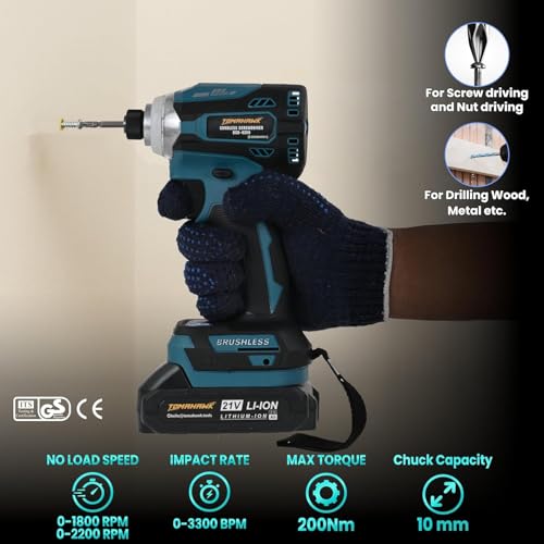 Image of TOMAHAWK BSD-8200 Brushless Cordless Screwdriver /Impact Driver - 2 Battery with 20V, 2.0Ah, 180 Nm, 2400 RPM, 10Mm Chuck capacity, 2 Speed Mode