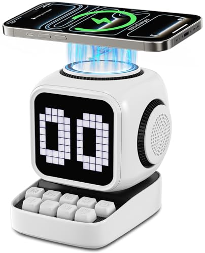 Image of Retro Robot 5-in-1 Bluetooth Speaker: 15W Wireless Charger, Pixel LED Screen, 10W Stereo Sound & 15 White Noise, Alarm Clock, Cute Portable Wireless Speaker for Bedroom Desk Office, Birthday Gifts
