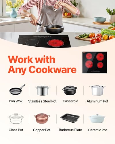 Image of VEVOR Built in Electric Stove Top, 24inch 4 Burners, 240V Glass Radiant Cooktop with Sensor Touch Control, Timer & Child Lock Included, 9 Power Levels for Simmer Steam Slow Cook Fry