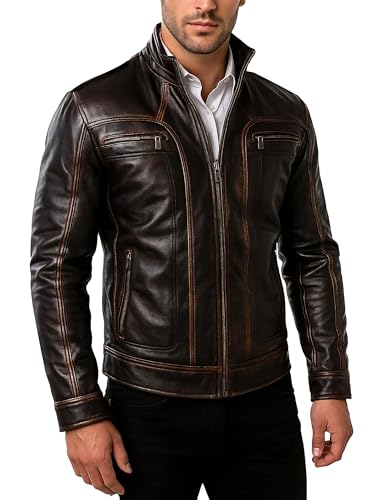 ジャケット・アウター Old Brown Leather Bikers Jacket DEGNER Vintage Distressed Leather Biker Jacket, Brown and Black, Zipper