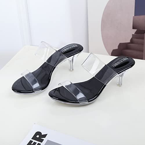 Image of NBUUNBU Clear Heels for Women Silver Black Heels Little Platform Sexy High Heels Sandals Stiletto Kitten Open Toe Dress Shoes Comfortable Double Transparent Strap Heeled Sandals Mule