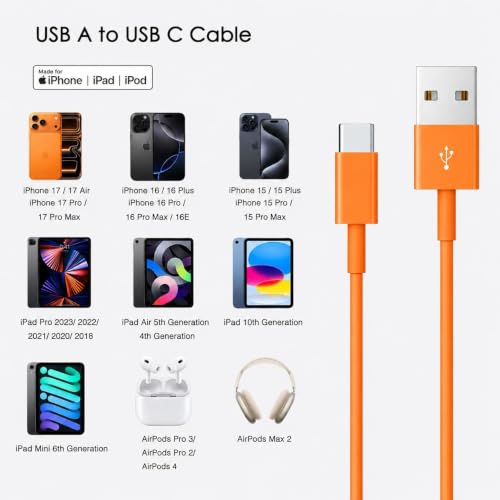 Image of Abysssea USB A to USB C Cable (USB A to USB C (for 17 /16 /15), Orange, 3.3FT)