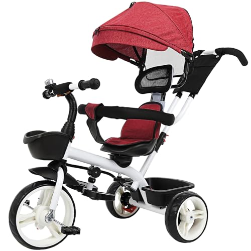 ERINGOGO Toddler Tricycle with Push Handle,Tricycle for Toddlers 1-3,Adjustable Push Handle, Control Direction, Retractable Canopy, Safety Harness, Belt, 120.00X115.00X50.00CM, Red