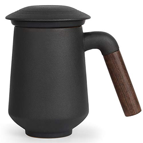 CoBak Tea Infuser Mug with Lid - 12oz Loose Leaf Tea Cup with Infuser, Heat-Resistant Black Walnut Handle, Fresh Hot or Cold Blends, Cute and Portable Home, Office Use, Ultra-Fine Steeper, Flat Black