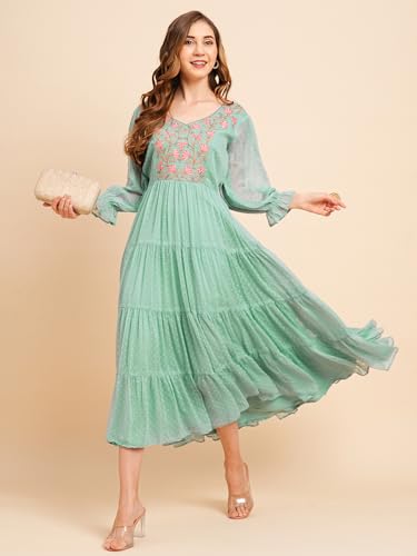 Image of RATAN Women's Floral Embroidered Puff Sleeve Chiffon Flared Tiered Kurta Gown Maxi Dress