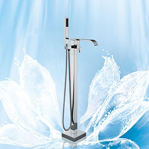 Suguword Freistehende Badewannenarmatur Badezimmer Bodenmontierte Wannenarmatur Wasserfall Auslauf mit Handbrause kalt und heiß Einhandgriff Wasserhahn Cover
