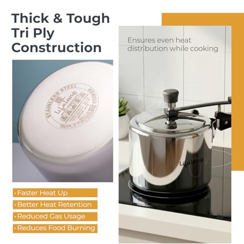 Image of Lifelong 5L Tri Ply Stainless Steel Pressure Cooker | Inner Lid Design | Silicone Gasket | Induction & Gas Compatible for Rice, Dal, Rajma, Chole | 2.5mm Thick | Faster, Even Heating | ISI- Certified