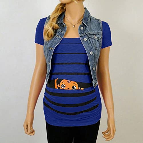YHEGHT Maternidade bonito engraçado bebê estampado listrado manga curta camiseta grávida tops matern