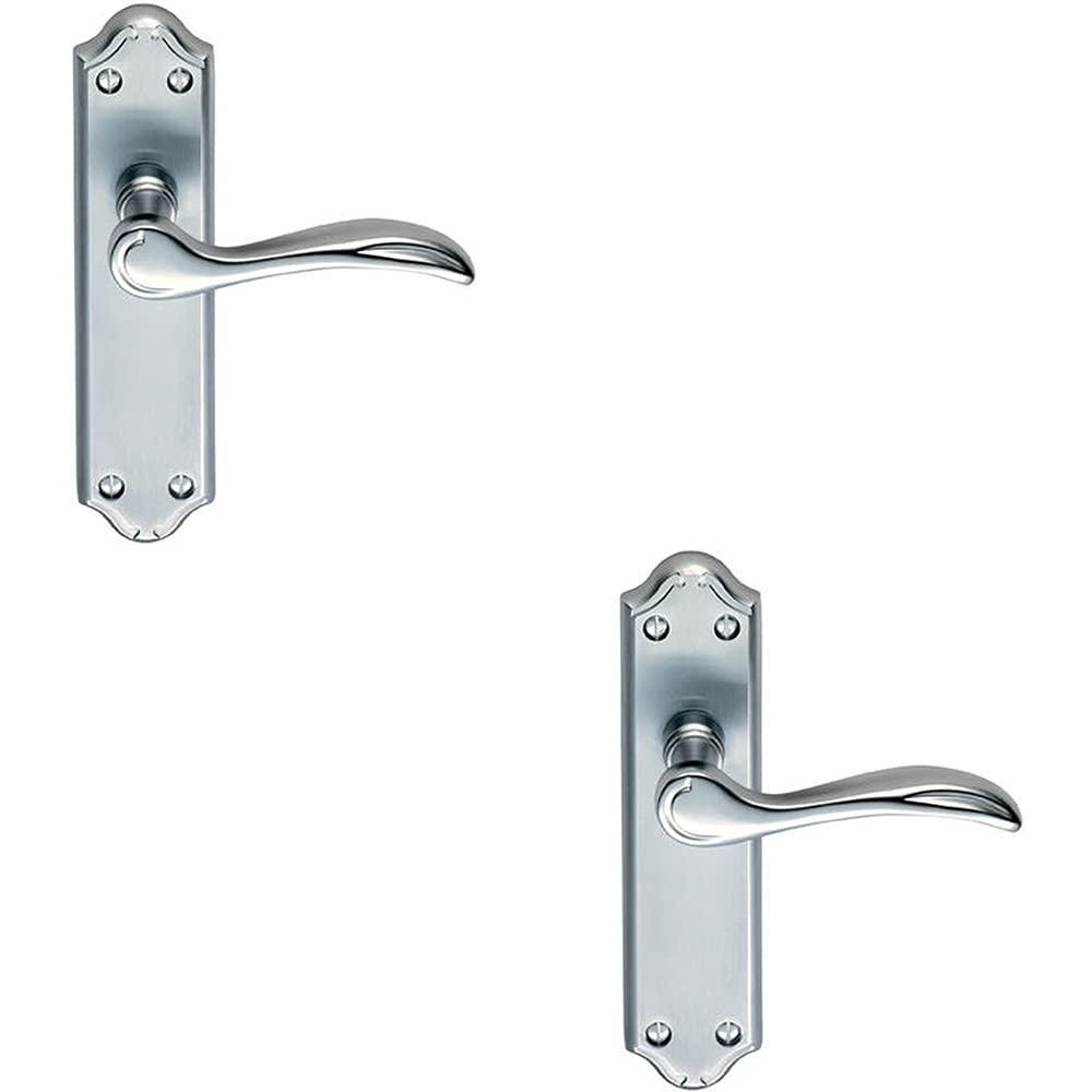 2 Pack Curved Door Handle Lever on Latch Backplate - 180 x 45mm - Satin Chrome | Traditional Lever on Backplate Door Handle - Internal Door Hardware - Lock, Euro, Oval and Latch Options Available