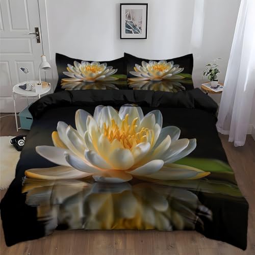 Genérico Funda Edredón Loto Original Superficie del Agua Bedding 100% Microfibra Suave con 2 Funda Almohada 50 x 75 cm Microfibra Extra Transpirable, sin Productos Químicos180 x 220 cm Negro