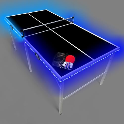 6 ft x 3 ft Ping Pong Table w/LED Lights & Game Kit | Mid-Size Portable Folding Indoor Ping Pong Table Tennis Table for Kids & Adults