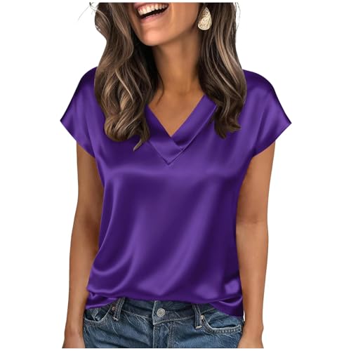 Tee Shirt Femme T-Shirts à Manches Courtes Satin Chemisier Femme Chic et Élégant Haut Décontracté Tee Tops Mode Tunique Blouse Col en V Chemisiers et...