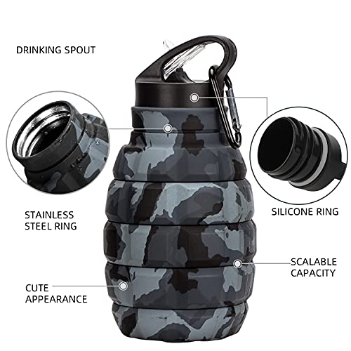 Image of Collapsible Travel Water Bottle19.6 oz, Reuseable Silicone Foldable Water Bottles for School, Office, Gym, Camping,Hiking,Portable Leak Proof Sports Water Bottle with Carabiner (Dark gray camouflage)