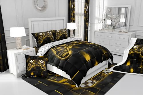 Couvre lit carré géométrique et housse de couette gamer 240x260 jaune
