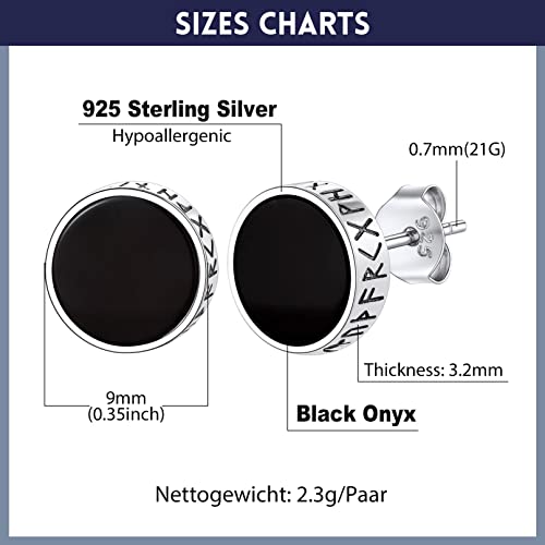 Bandmax 925 Silver Viking Rune Black Onyx Agate Earrings For Men Cool Black Gemstone Ear Studs For Women Classic 8Mm Round Stud Earrings Fashion Pierced Stud Ear Jewelry #TOP5
