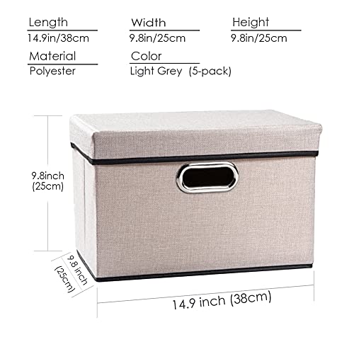 Image of PRANDOM Foldable Storage Bin with Lid [5-Pack] Linen Fabric Decorative Storage Box Organizer Container Basket Cube with Handles Divider for Closet Office Living Room Light Grey(14.9x9.8x9.8)