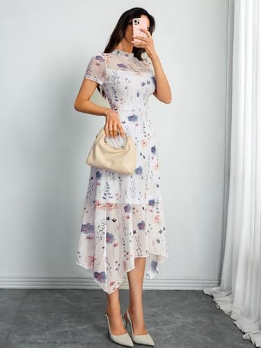 Image of GothDark Women Summer Wedding Guest Floral Mesh Irregular Hem Midi Dress | A-Line, Short Sleeve, Sheer Mesh Overlay, Elegant Vintage Dresses For Party, Semi Formal, Vacation, Dinner, Church
