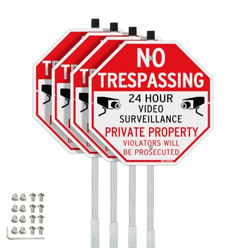 Image of T&R Large No Trespassing Private Property Sign Video Surveillance Sign with 36 inch Stake for Outside - 4 Pack - 12 inchx12 inch .040 Rust Free Heavy Aluminum, Reflective, Waterproof, Weatherproof, 4 pre-drilled holes,Includes Matching Screws & Wrench, Easy to Mount