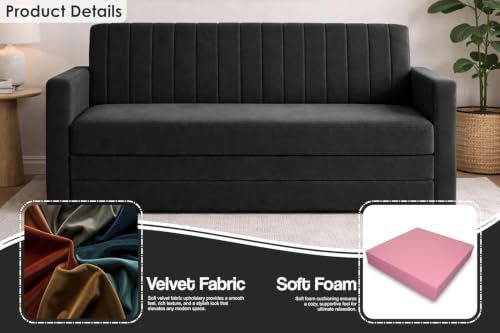 Image of Deco Studio-Sofa-Cum-Bed | Three Seater Couch with Armrest Sofa | Modern Velvet Fabric Sofa for Living Room, Bedroom & Office Black
