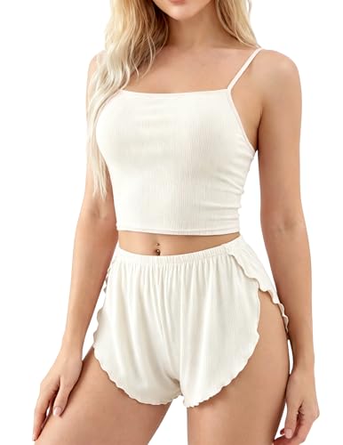 Image of Women's 2 Piece Split Leg Pajamas Shorts Set Sexy Ribbed Knit Adjustable Pjs Summer Cami Crop Top Side Pjs Sleepwear