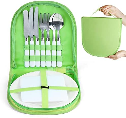 Vech Camping Silverware Kit Cutlery Organizer Utensil Picnic Set - 11 Piece Mess Kit For 2 - White Plate Spoon Butter and Serrated Knife Fork Hiking - Camp Kitchen BBQ Travel