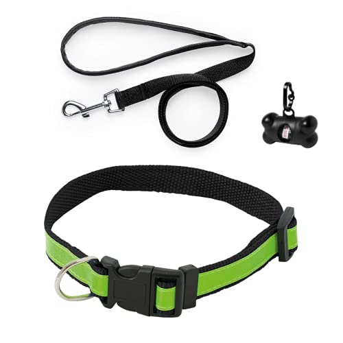 Sudepets- Collar para Perros Reflectante con Correa Larga y dispensador de Bolsas de Caca . Tres Piezas indispensables para Cualquier Paseo con tu Mascota Negro Cover
