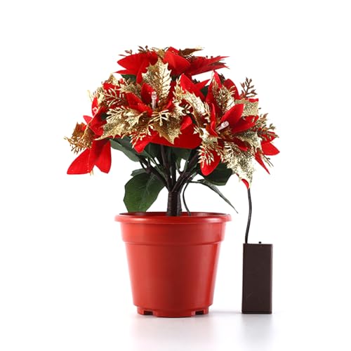 Tanant Maceta de Flor de Pascua Artificial, Maceta de Simulación, Arreglos de Flores de Pascua Falsas de Seda Ligera, Flores de Pascua Artificiales en Maceta con Luz LED para Decoración