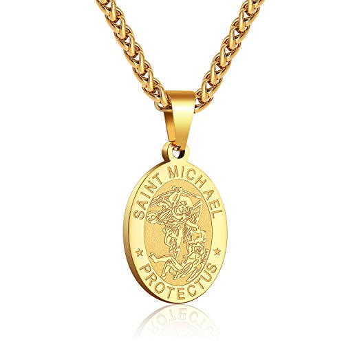 RS Gold St Saint Michael Pendant Necklace Catholic Stainless Steel St. Michael Medal Chain