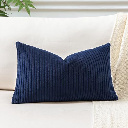 JOTOM Lot de 1 Housse de Coussin Décorative en Velours Côtelé Rayé, 30 x 50 cm, pour Canapé, Salon ou Chambre à Coucher, 12 x 20 Pouces(Bleu Marine)