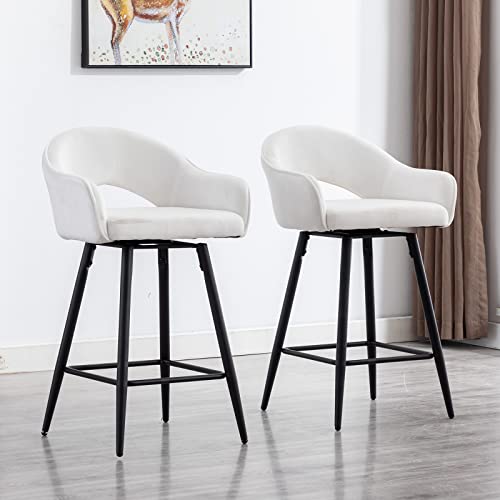 Duomay Swivel Bar Stools Set Of 2, Modern 26" Counter Height Stools, Velvet Upholstered Kitchen Island Chair With Black Metal Legs For Home Kitchen Bistro Coffee Shop Restaurants, White #TOP7