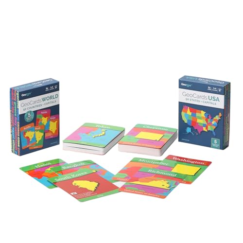 Geotoys GeoCards, Bundle of World & USA Flash Cards Geography Game, Kid Card Games for Families, Home, School & Travel - Fun Kid Games Ages 4 and Up