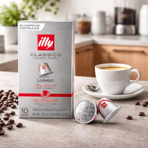 Image of ILLY - Classico Lungo Aluminium Coffee Capsules (10 Pods, 57g) By COUGAR | 100% Arabica Classic Roast Coffee | Mild Balanced Smooth Taste | Compatible with Nespresso Machines | Premium Italian caffe - (Imported-ITALY)
