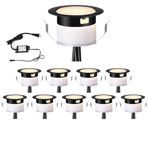 Image of FVTLED LED Deck Lighting Kit, 10pcs Φ1.77 Low Voltage Waterproof Recessed In-ground Lighting for Garden Yard Soffit Patio Stair Decor Lights, Warm White, Black