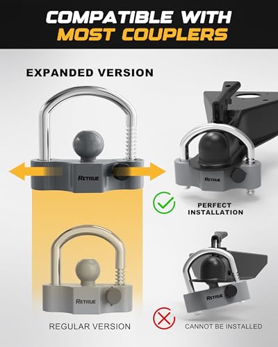 Image of RETRUE Heavy-Duty Universal Widened Coupler Lock Fits 2-5 /16 Inch Trailer Ball Locks Hitch Trailer Hitch Lock Adjustable Security Steel Fits 1-7 /8 Inch, 2 Inch, 2-5 /16 Inch Couplers, Upgraded Gray