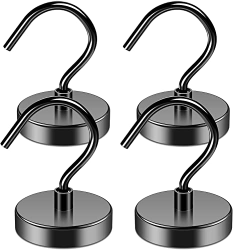 4 Pack Black Magnetic Hooks, 100 lbs+ Magnetic Hooks Heavy Duty, Super Strong Magnet Hooks, Neodymium Magnet with Hook for Hanging, Fridge Magnet Hooks for Cruise, Grill, Garage, Kitchen, Workplace