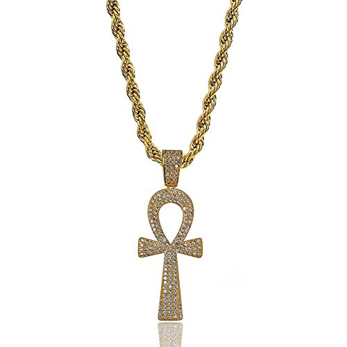 TOPGRILLZ 14K Gold Plated Iced Out Egyptian Religious Ankh Pendant Chain for Men and Women
