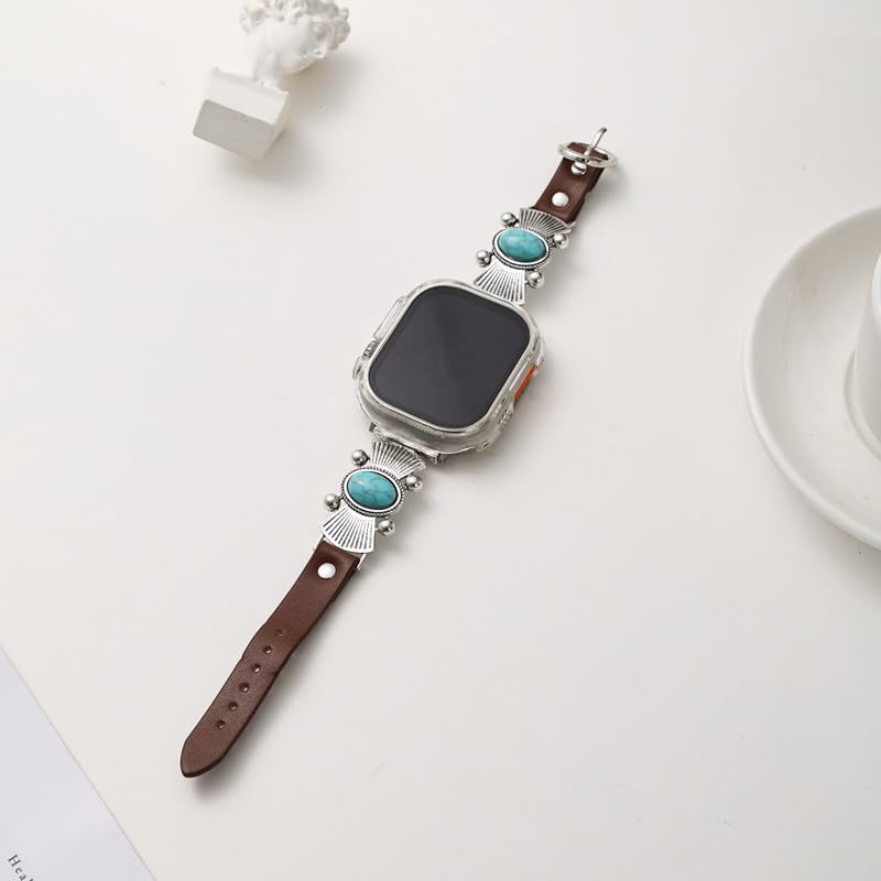Bracelet de montre bohème vintage en cuir turquoise antique compatible avec iWatch pour homme et femme | Bijoux occidentaux cowboy chic, compatible avec Smart Watch Series Ultra 2SE