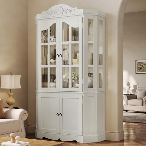 DWVO Carved Storage Cabinet, Tall Modern 5-Tier Large Glass Display Curio Pantry Hutch Buffet Cabinets Bookshelf w/Glass Doors and Shelves for Home Office Kitchen Living Dining Room, Retro White
